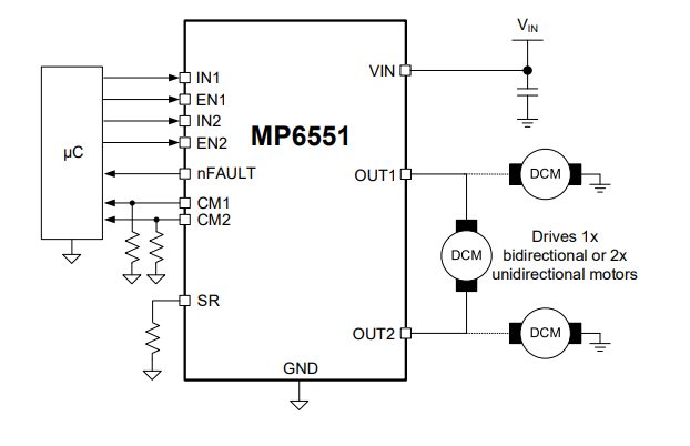 Application Circuit Diagram - Monolithic Power Systems (MPS) MP6551 14V 5A H-Bridge Motor Drivers