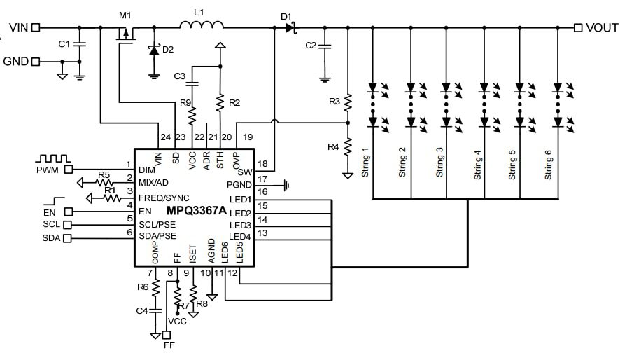 Application Circuit Diagram - Monolithic Power Systems (MPS) MPQ3367A 6-Channel Boost WLED Drivers