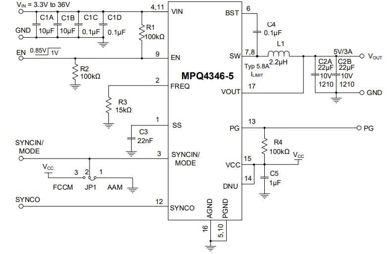 Application Circuit Diagram - Monolithic Power Systems (MPS) MPQ4346/4346J Synchronous Step-Down Converters Application Circuit Diagram - Monolithic Power Systems (MPS) MPQ4346/4346J Synchronous Step-Down Converters