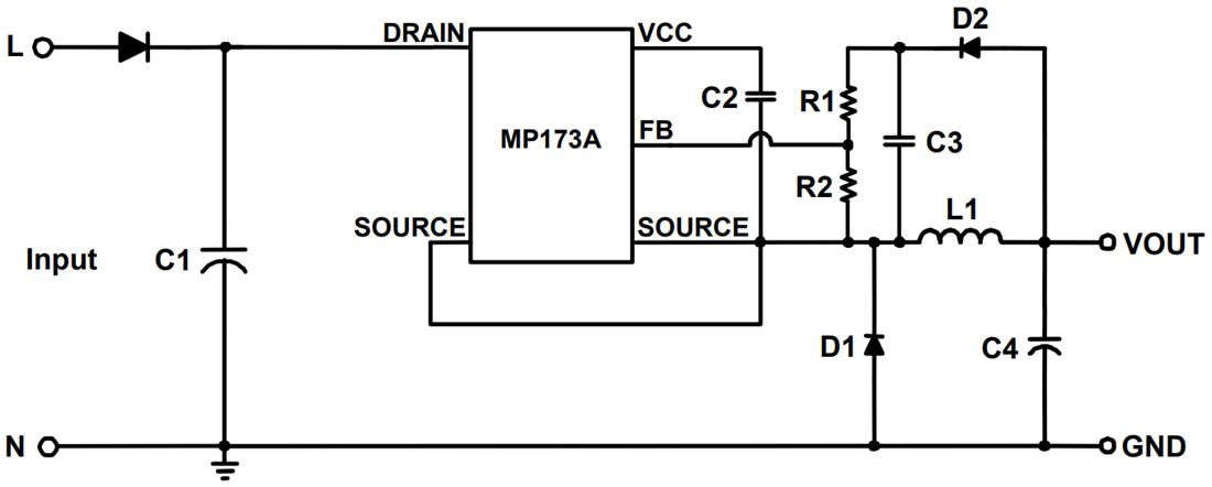 Application Circuit Diagram - Monolithic Power Systems (MPS) MP173A 700V Non-Isolated Offline Regulator