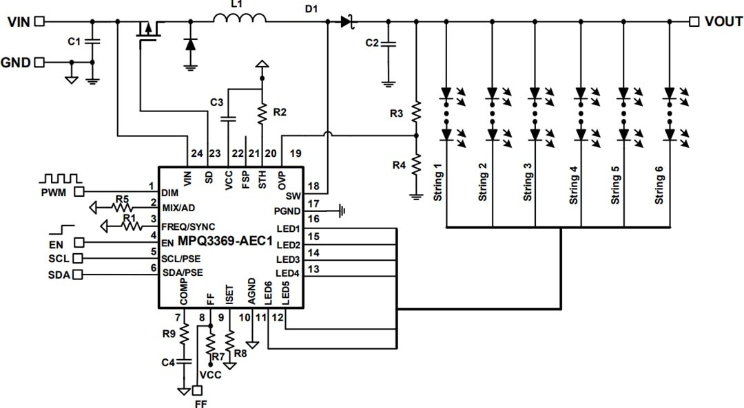 Monolithic Power Systems (MPS) MPQ3369-AEC1 6-Channel Boost WLED Driver