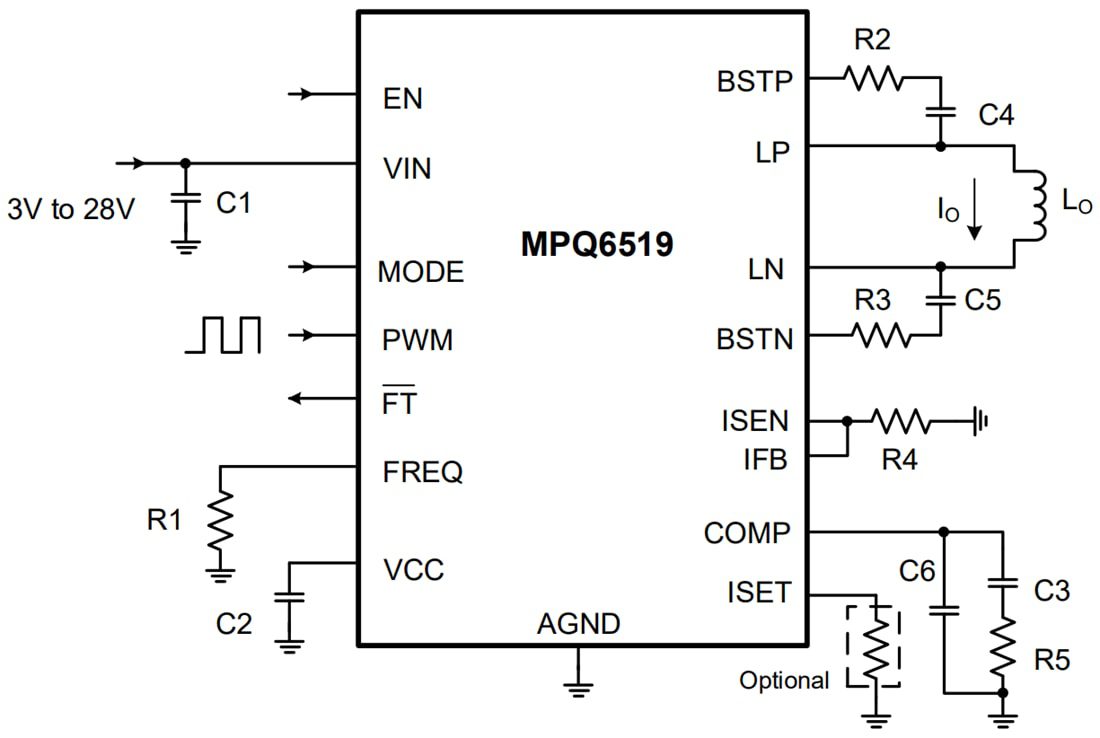 Application Circuit Diagram - Monolithic Power Systems (MPS) MPQ6519 H-Bridge Current Regulator