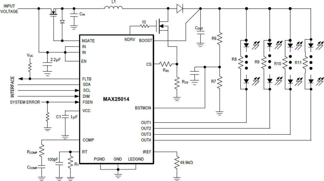 Application Circuit Diagram - Analog Devices / Maxim Integrated MAX25014 Automotive 4-Channel Backlight Driver