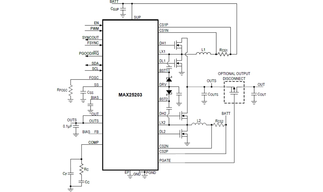 Application Circuit Diagram - Analog Devices / Maxim Integrated MAX25203 Dual-Phase Synchronous Boost Controller