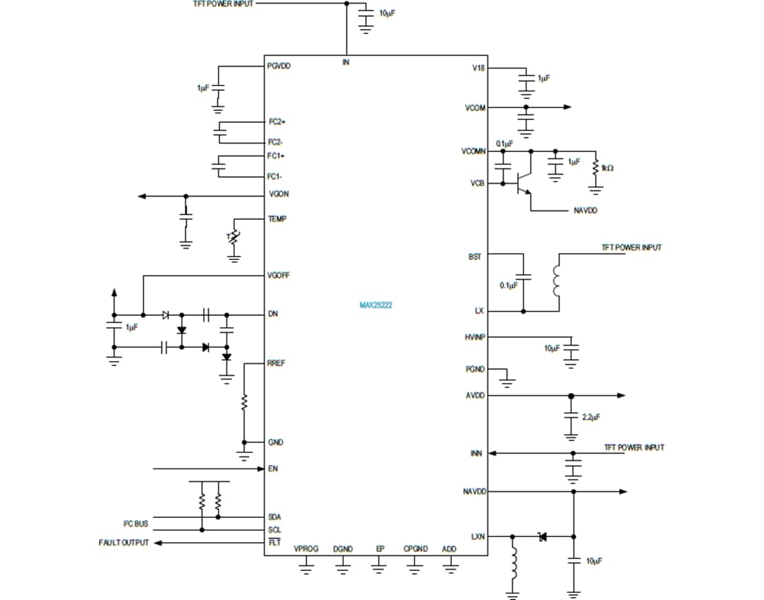 Application Circuit Diagram - Analog Devices / Maxim Integrated MAX25222 Automotive 4-Channel TFT-LCD Power IC
