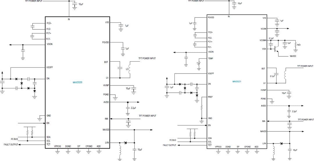 Application Circuit Diagram - Analog Devices / Maxim Integrated MAX25220/1/1B Automotive 4-Ch TFT-LCD Power ICs