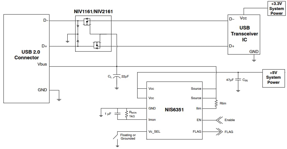 Application Circuit Diagram - onsemi NIS6351 5V Electronic Fuses