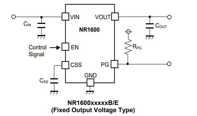 Application Circuit Diagram - Nisshinbo NR1600 500mA Low Dropout Voltage Regulator Application Circuit Diagram - Nisshinbo NR1600 500mA Low Dropout Voltage Regulator