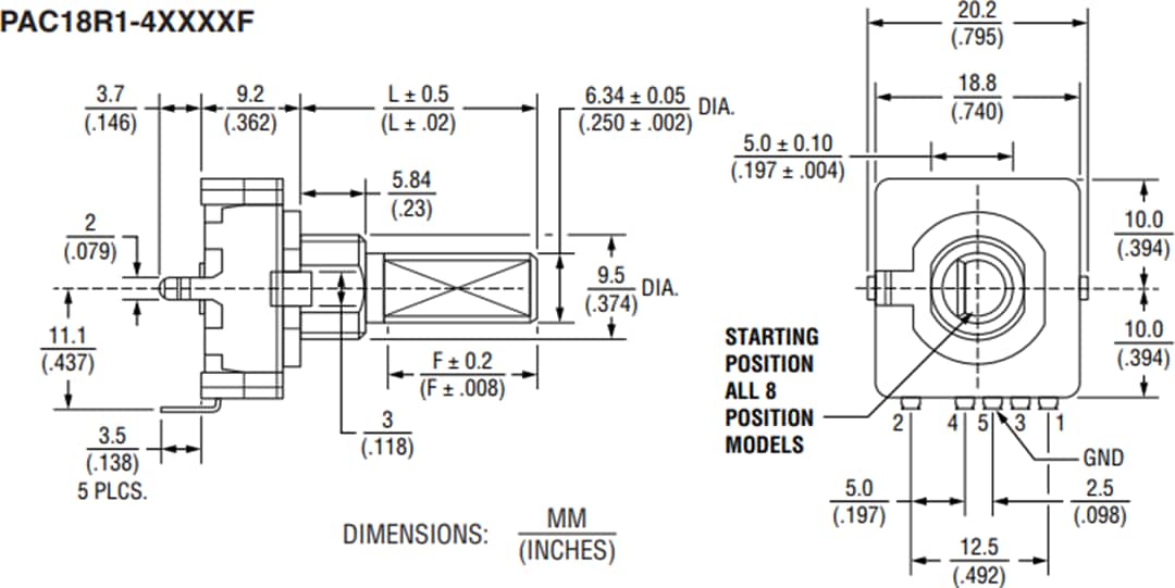 Mechanical Drawing - Bourns PAC18R 18mm Low Profile Absolute Encoders Mechanical Drawing - Bourns PAC18R 18mm Low Profile Absolute Encoders