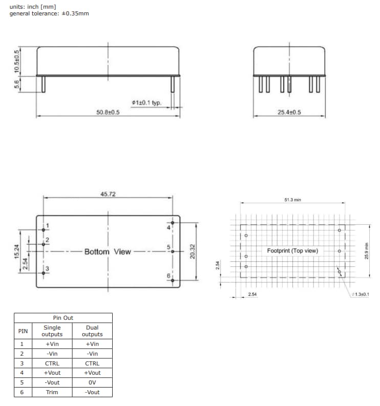 Mechanical Drawing - CUI Inc PRC40/60 DC-DC Converters
