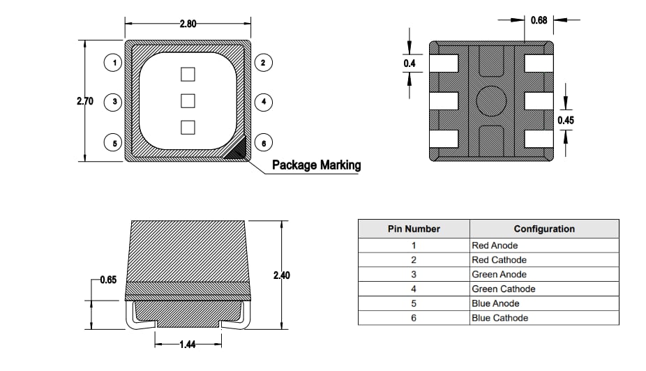 Mechanical Drawing - Broadcom ASCB-UTC2 2828 Tricolor PLCC-6 LED