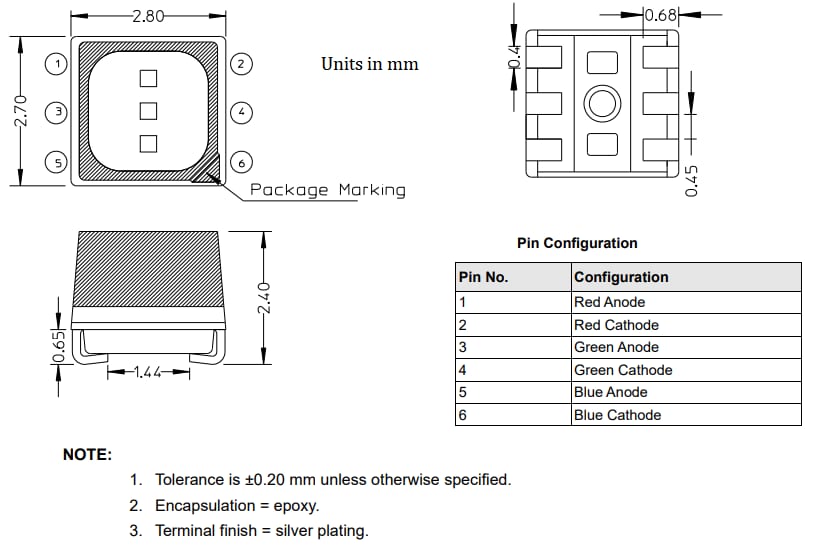 Mechanical Drawing - Broadcom QSMB-UTF2 Tricolor LED