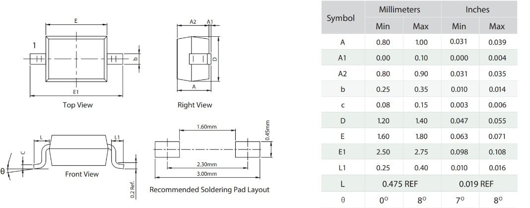Mechanical Drawing - Littelfuse AQW05C/SDW05C-01FTG Bidirectional TVS Diodes
