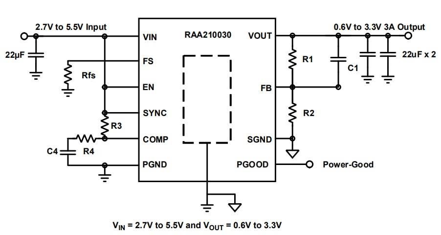 Application Circuit Diagram - Renesas Electronics RAA210030 Step-Down DC/DC Mini Power Module Application Circuit Diagram - Renesas Electronics RAA210030 Step-Down DC/DC Mini Power Module