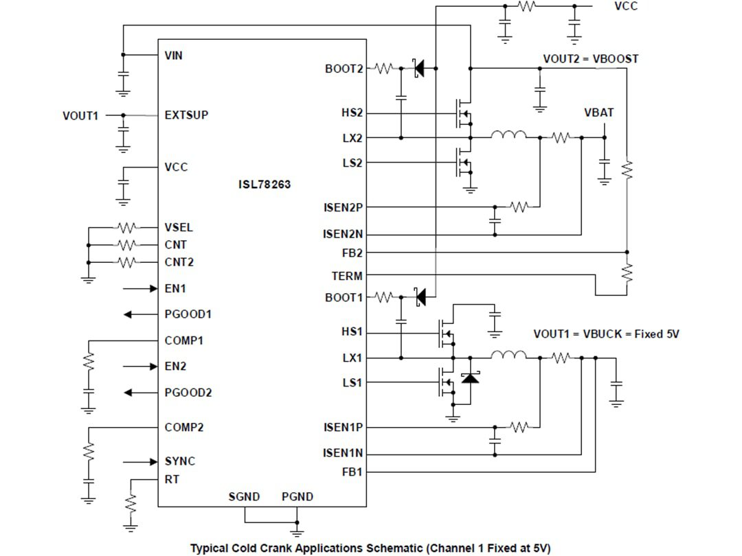 Renesas Electronics ISL78263 Cold Crank Boost & Buck Controller Renesas Electronics ISL78263 Cold Crank Boost & Buck Controller