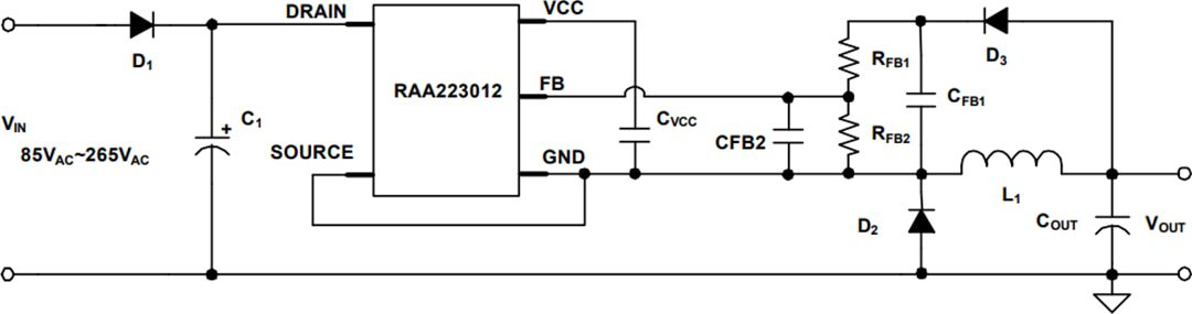 Application Circuit Diagram - Renesas Electronics RAA223012 700V Non-Isolated AC-DC Buck Regulator
