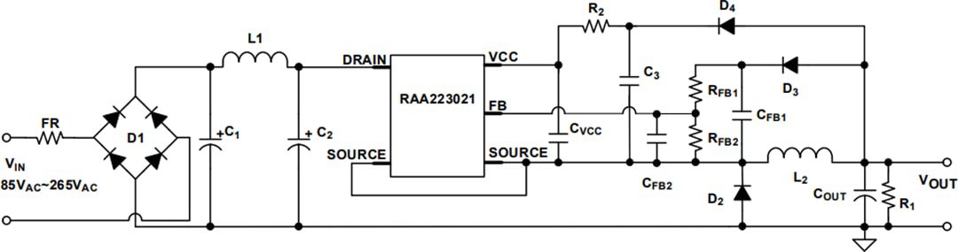 Application Circuit Diagram - Renesas Electronics RAA223021 700V Non-Isolated AC-DC Buck Regulator