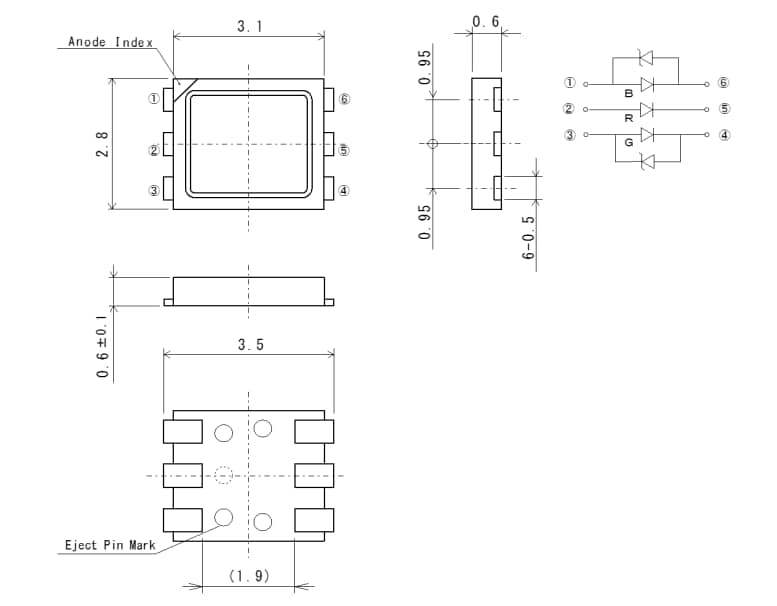 Mechanical Drawing - ROHM Semiconductor SMLVN6RGBFU1C Surface Mount Chip LEDs
