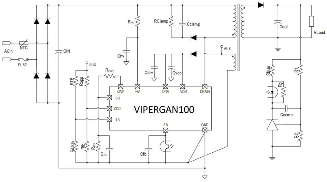 Application Circuit Diagram - STMicroelectronics VIPerGaN100 Offline High Voltage Converter