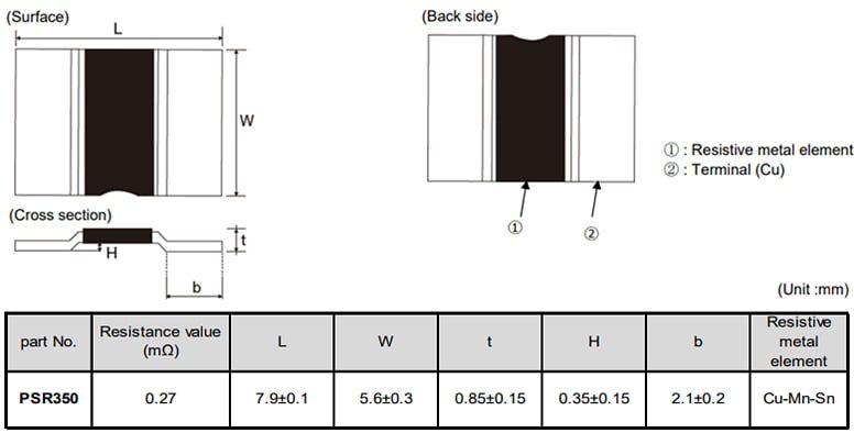 Mechanical Drawing - ROHM Semiconductor PSR350 High Power Type Metal Plate Shunt Resistor