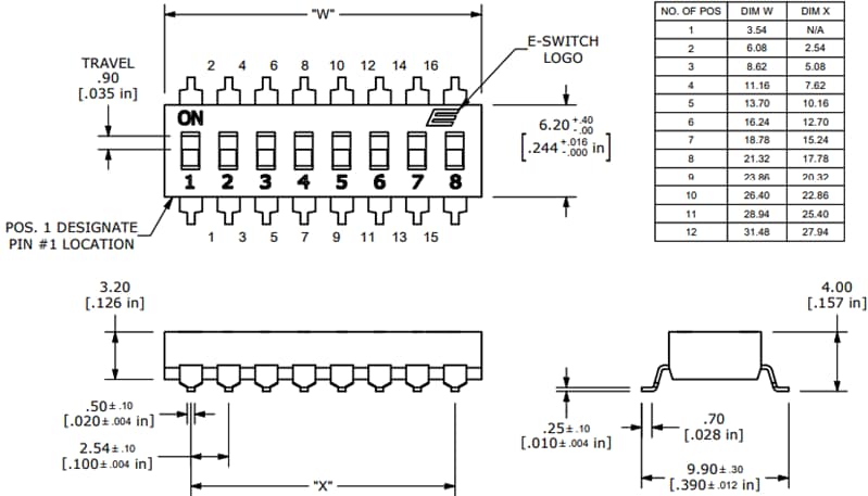 Mechanical Drawing - E-Switch KAG Series DIP Switches Mechanical Drawing - E-Switch KAG Series DIP Switches