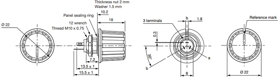Mechanical Drawing - Vishay / Sfernice P16F Cermet Knob Potentiometers