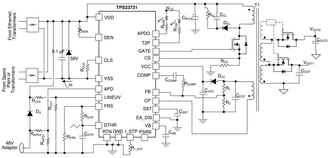 Application Circuit Diagram - Texas Instruments TPS23731 Power-over-Ethernet Power Device