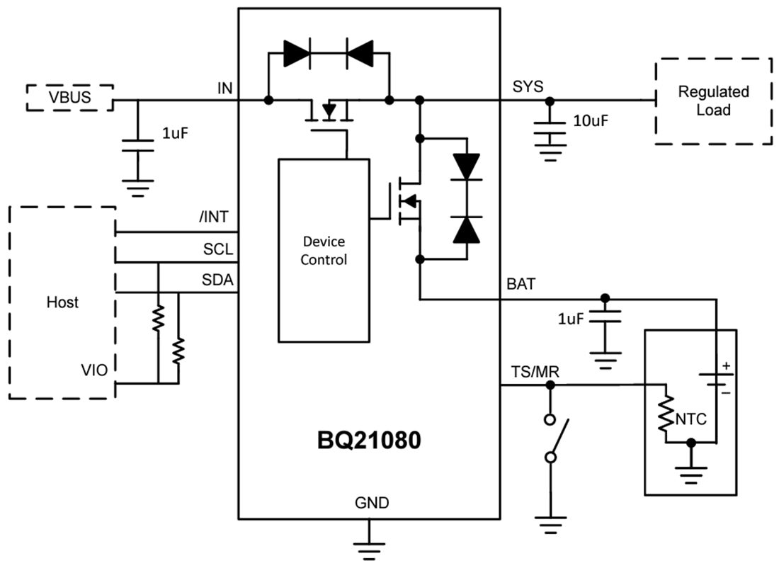 Schematic - Texas Instruments bq21080 Linear Battery Charger IC