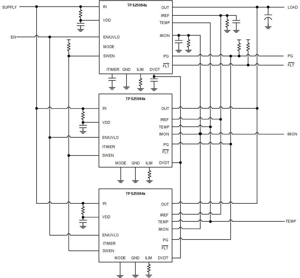 Schematic - Texas Instruments TPS25984 Stackable eFuses Schematic - Texas Instruments TPS25984 Stackable eFuses