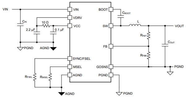 Application Circuit Diagram - Texas Instruments TPS543B22 Synchronous Buck Converter