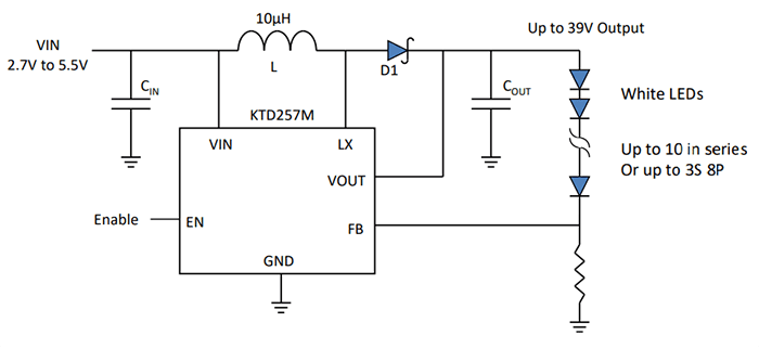 Application Circuit Diagram - Kinetic Technologies KTD257M 39V/26V Step-Up LED Driver