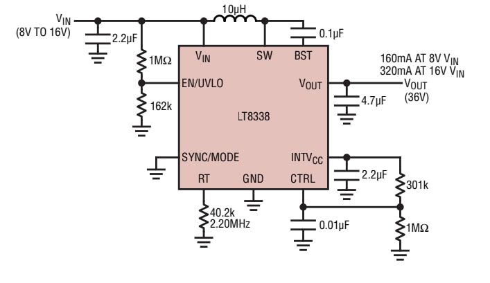 Application Circuit Diagram - Analog Devices Inc. LT8338 Micropower Synchronous Boost Converters