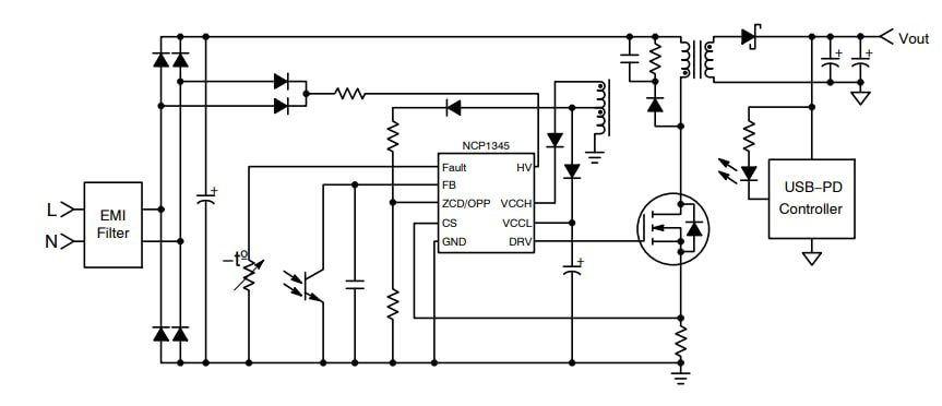 Application Circuit Diagram - onsemi NCP1345 Quasi-Resonant Flyback Controllers Application Circuit Diagram - onsemi NCP1345 Quasi-Resonant Flyback Controllers