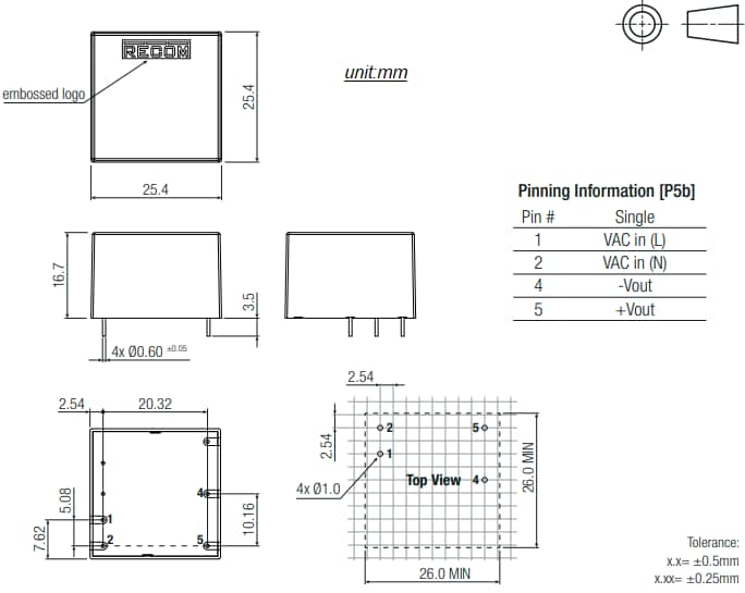 Mechanical Drawing - RECOM Power RACM06E-K/277 AC/DC Power Supplies Mechanical Drawing - RECOM Power RACM06E-K/277 AC/DC Power Supplies