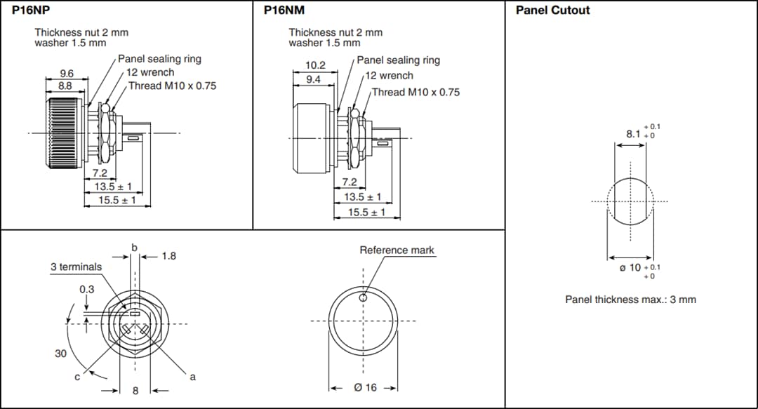 Mechanical Drawing - Vishay / Sfernice P16 Compact Panel Potentiometers