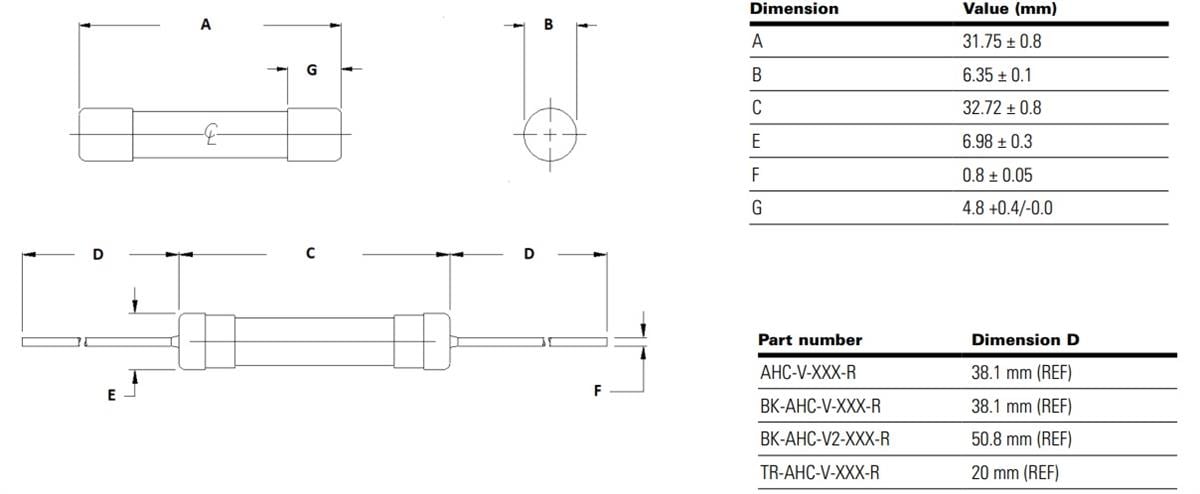 Mechanical Drawing - Eaton AHC High Voltage Tube Fuses