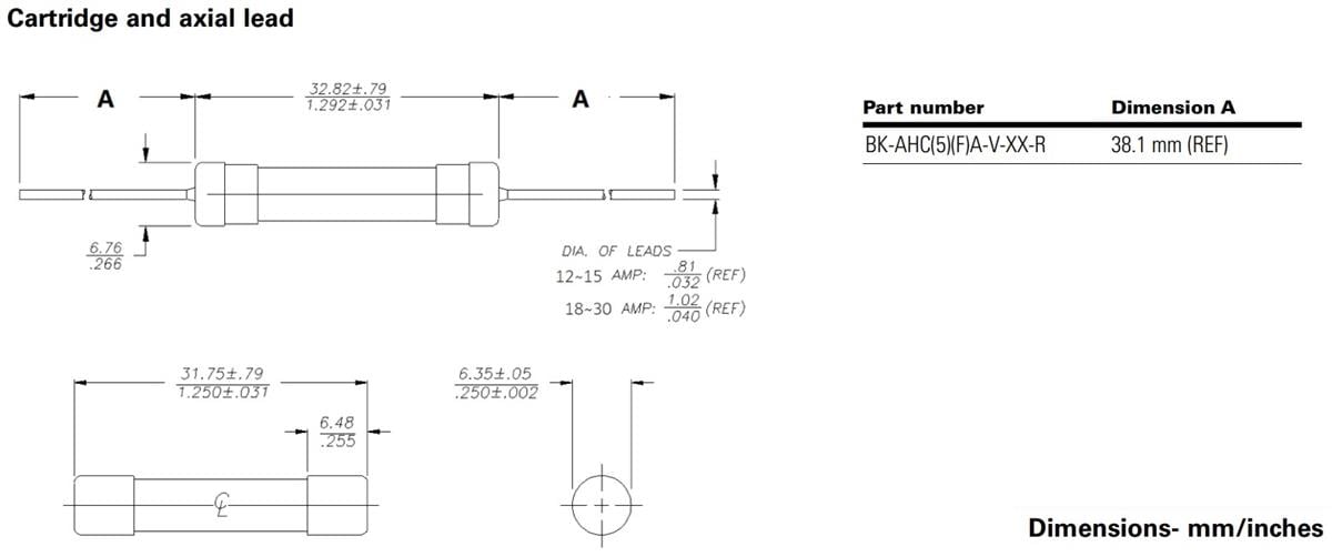 Mechanical Drawing - Eaton AHCA/AHC5A/AHCFA High-Voltage Ceramic Tube Fuses