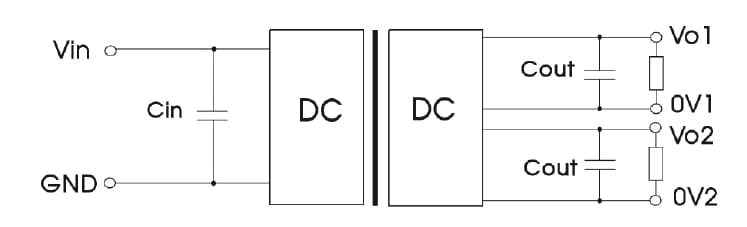 Application Circuit Diagram - CUI Inc PRQ3W 3W Dual-Output DC/DC Converters
