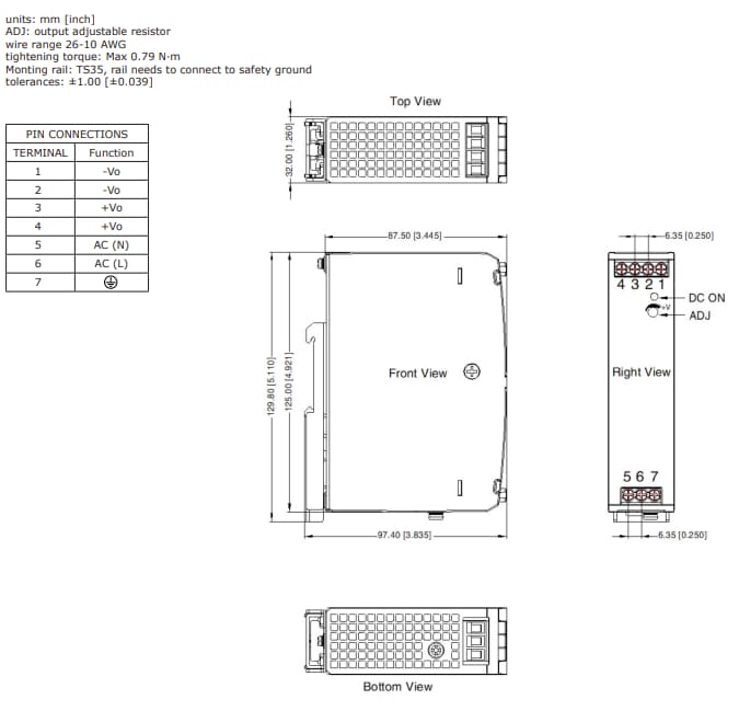 Mechanical Drawing - CUI Inc PDRD-120 AC-DC DIN Rail Power Supplies