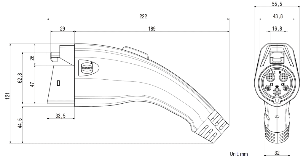 Mechanical Drawing - HARTING Type 1 EV Charging Cables