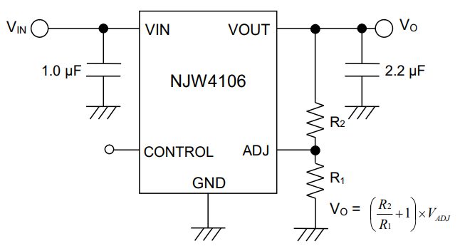 Application Circuit Diagram - Nisshinbo NJW4106-T1 Adjustable LDO Voltage Regulator IC Application Circuit Diagram - Nisshinbo NJW4106-T1 Adjustable LDO Voltage Regulator IC