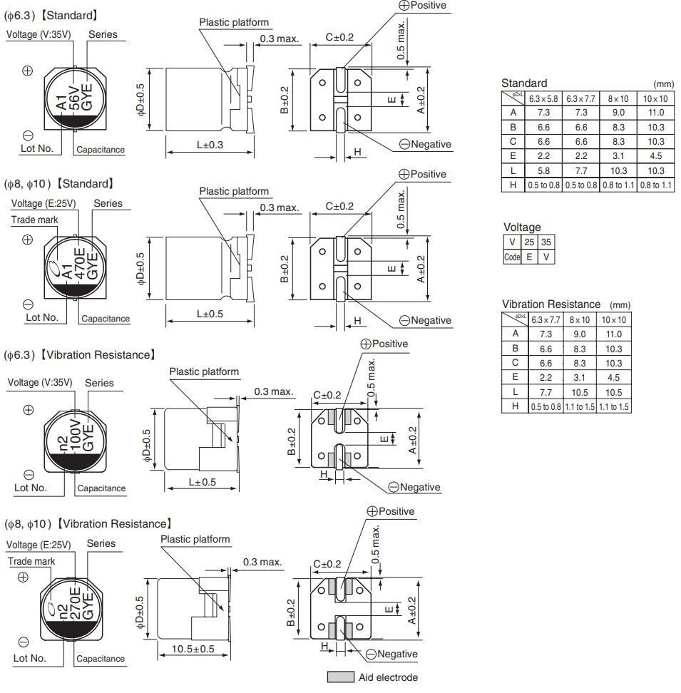 Mechanical Drawing - Nichicon GYE Conductive Polymer Hybrid Capacitors