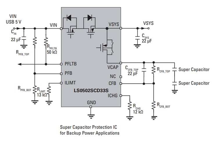 Application Circuit Diagram - Littelfuse LS0502SCD33S Super Capacitor Protection IC