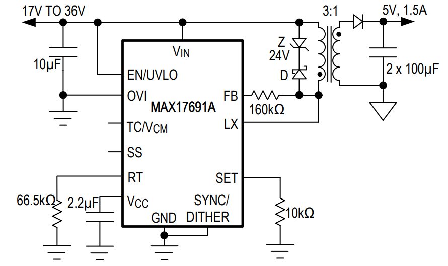 Application Circuit Diagram - Analog Devices / Maxim Integrated MAX1769x No-Opto Isolated Flyback Converters