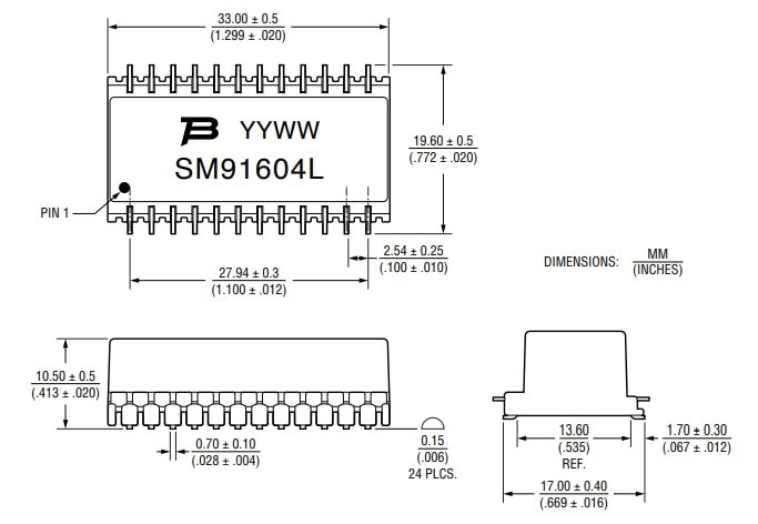 Mechanical Drawing - Bourns SM91604L LAN Gigabit Ethernet Transformer