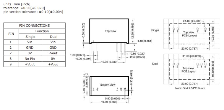 Mechanical Drawing - CUI Inc PGNM2-S/PGNP2-S DC-DC Converters