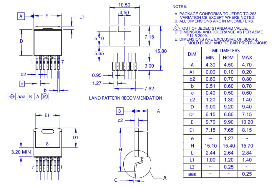 Mechanical Drawing - onsemi NTBG1000N170M1 Silicon Carbide (SiC) MOSFET