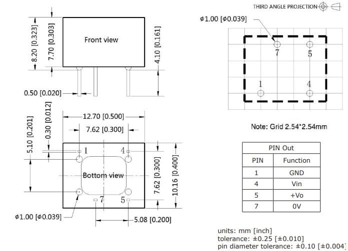 Mechanical Drawing - CUI Inc PYSE1-D Unregulated DC-DC Converters