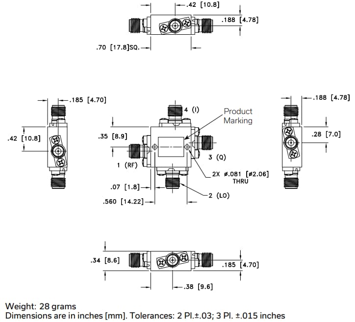 Mechanical Drawing - Mini-Circuits ZMIQ-653H-E+ Coaxial I/Q Mixer